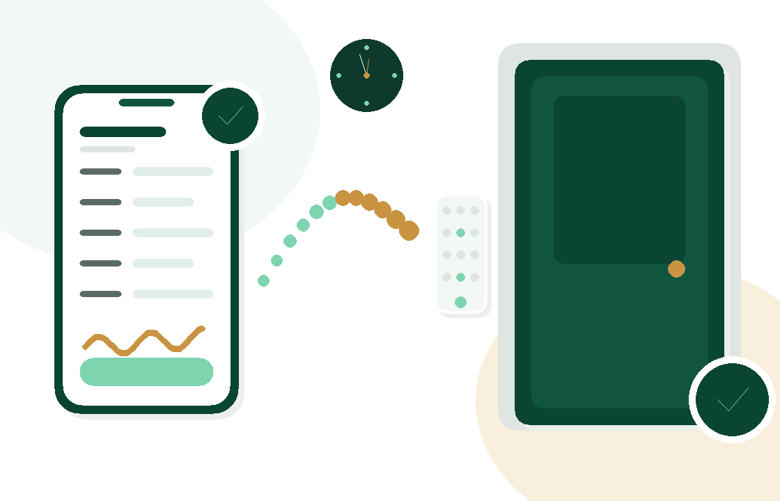 Ilustrație: fișa semnată pe telefon, apoi ușa cu tastatură